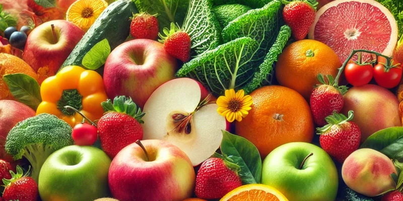 DALL·E 2024-10-26 17.22.02 - A vibrant and appealing image showing a variety of seasonal fruits and vegetables, such as oranges, strawberries, apples, tomatoes, and leafy greens,